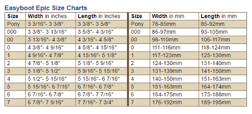 Easyboot Epic Size Chart