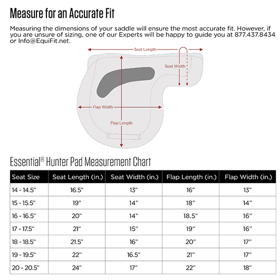 EquiFit Essential Hunter Pad Size chart